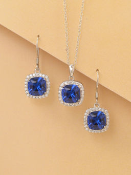Ornate Jewels - 925 Silver Cushion Cut Blue Sapphire Necklace With Earrings for Women and Girls (One Size)