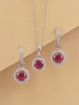 Ornate Jewels - 925 Silver Red Ruby Halo Necklace With Earrings for Women and Girls (One Size)