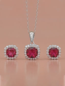 Ornate Jewels - 925 Silver Cushion Cut Red Ruby Necklace With Earrings for Women and Girls (One Size)