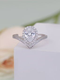 Ornate Jewels - 925 Silver 2.5 Carat American Diamond Tear Drop Adjustable Ring For Women & Girls