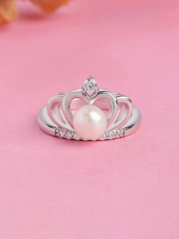 Ornate Jewels - 925 Silver 8.5 Mm Round Pearl Princess Ring For Women & Girls