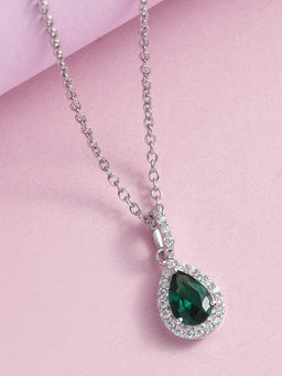 Ornate Jewels - 925 Silver Green Emerald & American Diamond Halo Necklace for Women & Girls
