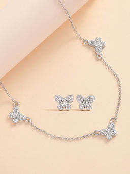 Ornate Jewels - 925 Silver American Diamond Butterfly Charm Necklace With Earring for Women and Girls (Free Size)