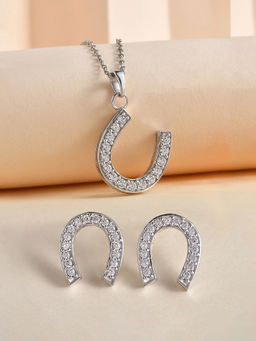 Ornate Jewels - 925 Silver American Diamond Lucky Horseshoe Necklace With Earring for Women and Girls (Free Size)