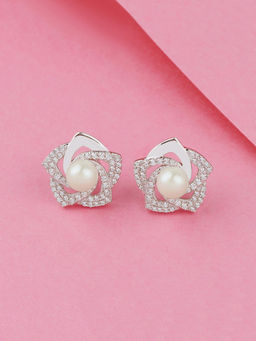 Ornate Jewels - 925 Silver 6 MM Freshwater Pearl Flower Stud Earring for Women & Girls