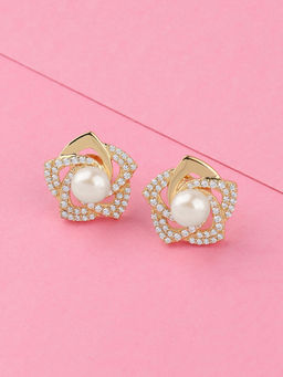 Ornate Jewels - 925 Silver 18K Gold Plated 6 MM Freshwater Pearl Flower Stud Earring for Women & Girls