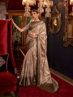 Odette - Festive Brown Silk Blend Woven Saree with Unstitched Blouse