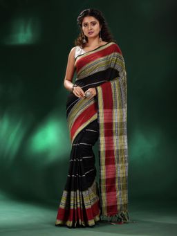 CHARUKRITI - Black Cotton Soft Saree with Unstitched Blouse