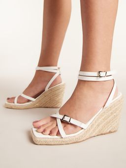 RSVP by Nykaa Fashion - White Textured Square Toe Ankle Strap Wedges