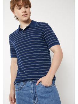 max - Men Navy Blue Stripes Cotton Polo T-Shirt