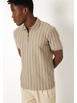 max - Men Beige Stripes Cotton Blend Polo T-Shirt
