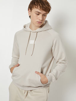 max - Men Beige Solid/Plain Cotton Blend Hoodie