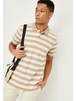 max - Men Brown Stripes Cotton Blend Polo T-Shirt