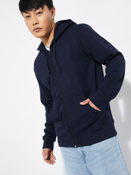 max - Men Navy Blue Solid/Plain Cotton Blend Jacket
