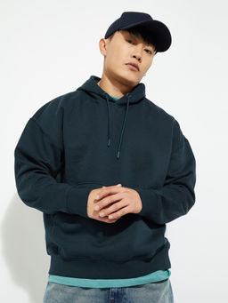max - Men Teal Solid/Plain Cotton Blend Hoodie