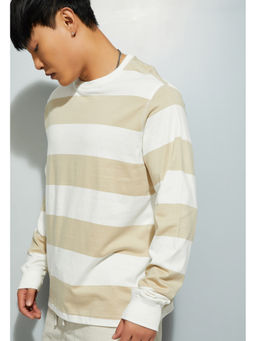 max - Men Beige Stripes Cotton T-Shirt