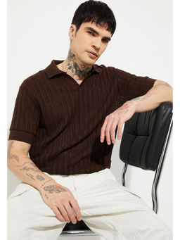 max - Men Brown Textured Polyester Blend Polo T-Shirt