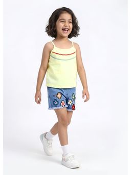 Hopscotch - Yellow Strappy Top And Embroidered Denim Shorts