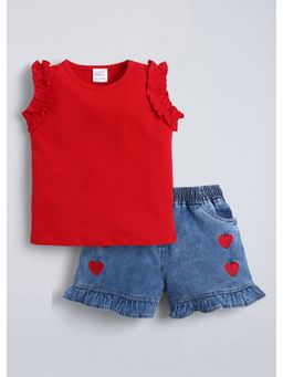 Hopscotch - Red Ruffled Top And Denim Shorts