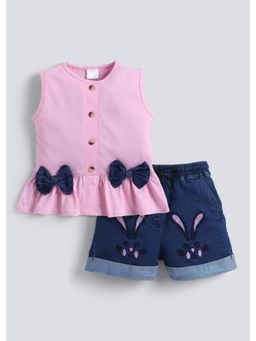 Hopscotch - Pink Bunny Bow Applique Top And Embroidered Shorts