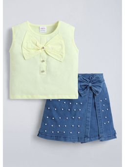 Hopscotch - Yellow Bow Applique Top And Denim Skorts