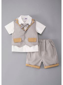Hopscotch - Grey Striped Bow Applique Shirt With Shorts And Waistcoat