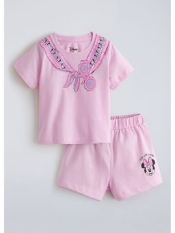 Hopscotch - Pink Printed Minnie Mouse Knot T-Shirt And Shorts