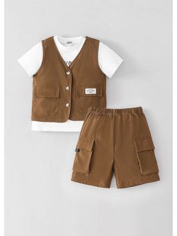Hopscotch - Brown Typography T-Shirt With Vest And Shorts