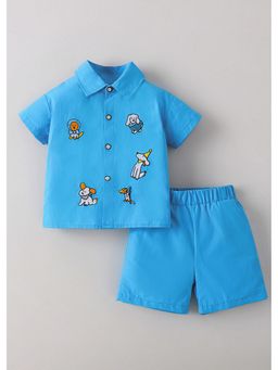 Hopscotch - Blue Animal Embroidery Cotton Shirt And Shorts
