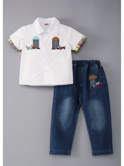 Hopscotch - White Embroidered Shirt And Denim Jeans