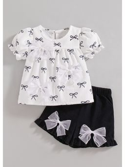 Hopscotch - White Bow Applique Printed Top And Shorts
