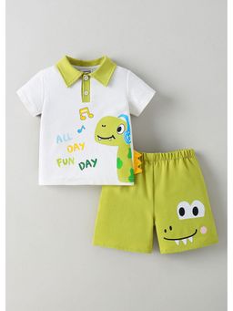 Hopscotch - White Dino Applique Printed Polo T-Shirt And Shorts