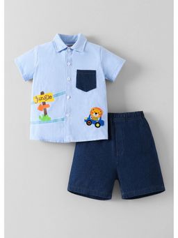Hopscotch - Blue Lion Printed Shirt And Shorts