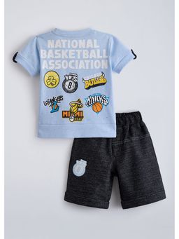Hopscotch - Blue Cotton Back Printed T-Shirt And Shorts