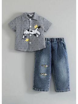 Hopscotch - Grey Checks Puppy Embroidery Gingham Shirt And Jeans