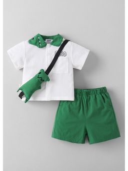 Hopscotch - White Dino Applique Shirt And Shorts With Bag