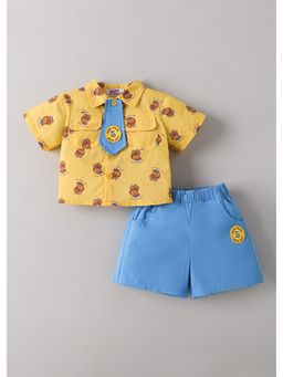 Hopscotch - Yellow Teddy Printed Shirt And Shorts With Tie