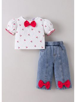 Hopscotch - White Cherry Printed Bow Applique Top And Jeans