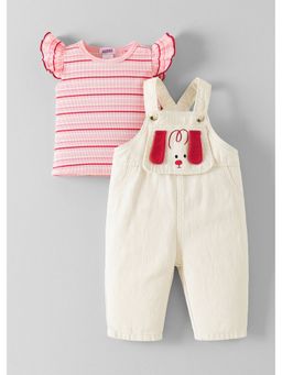 Hopscotch - Pink Striped Top And Cream Dungaree