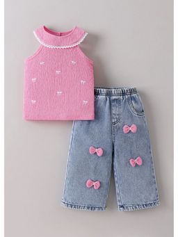 Hopscotch - Pink Bow Embroidery Textured Top And Jeans