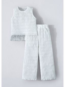 Hopscotch - White Fringes Textured Top And Pant