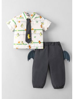 Hopscotch - White Printed Dino Applique Collared Shirt And Jogger With Tie