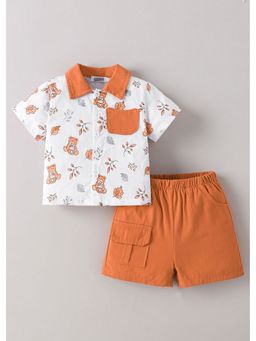 Hopscotch - White Orange Printed Teddy Cotton Shirt And Shorts