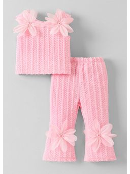 Hopscotch - Pink Floral Applique Textured Top And Pant