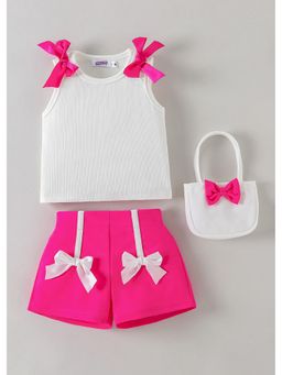 Hopscotch - White Bow Textured Top And Shorts With Bag