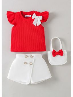 Hopscotch - Red Bow Textured Blouse And Shorts With A Bag