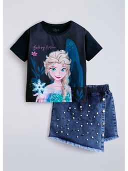 Hopscotch - Navy Blue Elsa Pearl T-Shirt And Denim Shorts