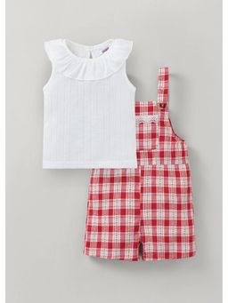 Hopscotch - Red Checkered Lace Ruffled Dungaree And Top
