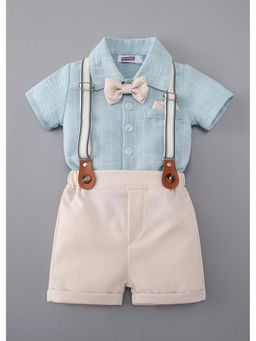 Hopscotch - Blue Striped Shirt And Shorts Suspender With Bow