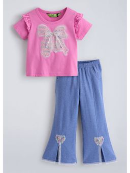 Hopscotch - Pink Bow Embroidered And Applique Top And Jeans